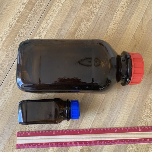 Two  Glass Square Amber Bottles w/ Cap - Picture 3 of 3